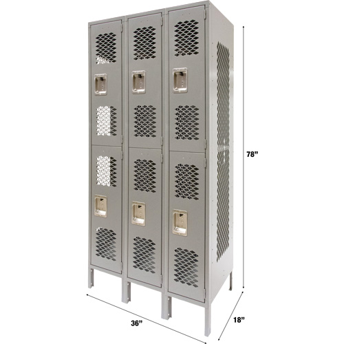 Vented Lockers, 2 -tier, Bank of 3, 36" x 18" x 78", Steel, Grey, Knocked Down, Perforated Action Paper