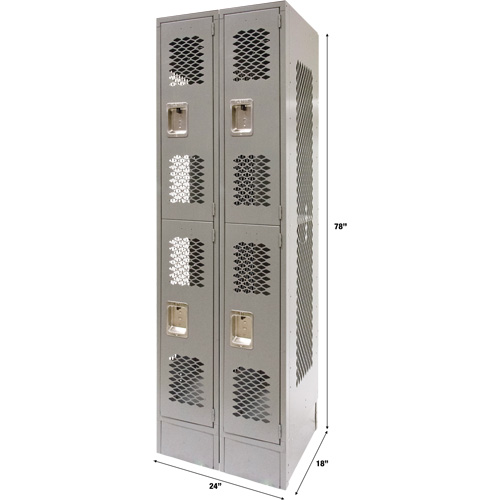 Vented Lockers, 2 -tier, Bank of 2, 24" x 18" x 78", Steel, Grey, Knocked Down, Perforated Action Paper