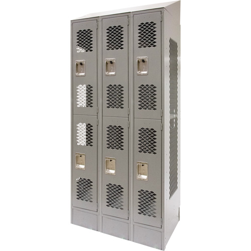 Vented Lockers, 2 -tier, Bank of 3, 36 x 18" x 88", Steel, Grey, Knocked Down, Perforated Action Paper