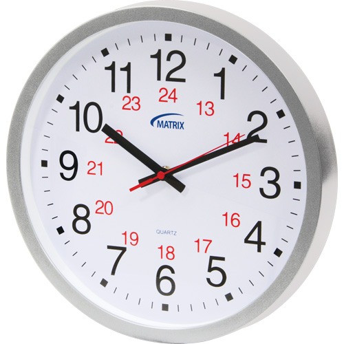 12/24 H Clock, Analog, Battery Operated, 12", Silver Action Paper