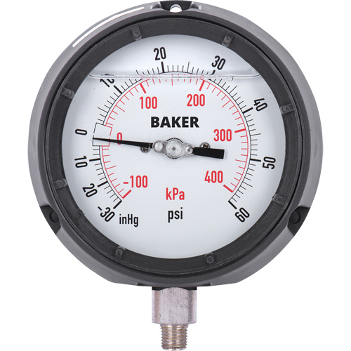 Pressure Gauge, 4-1/2" , 30"-0-60 psi, Bottom Mount, Liquid Filled Analogue Action Paper