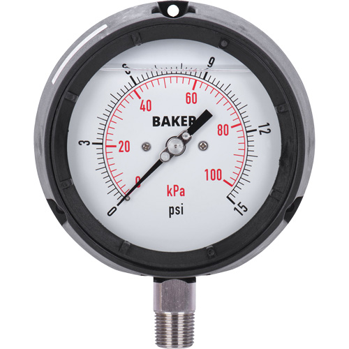 Manom&egrave;tre,  4-1/2", 0 - 15 psi/0 - 100 kPa, Fixation inf&eacute;rieure, Analogique rempli de liquide Action Paper