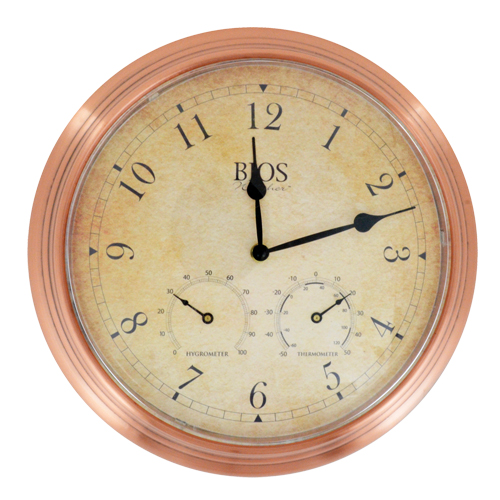 3-in-1 Outdoor Clock, Analog, Battery Operated, 14" Dia., Brown Action Paper