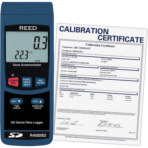 Thermo-an&eacute;mom&egrave;tre avec certificat ISO, Enregistrement des donn&eacute;es, Gamme de v&eacute;locit&eacute; d'air de 0,4 - 30 m/sec Action Paper