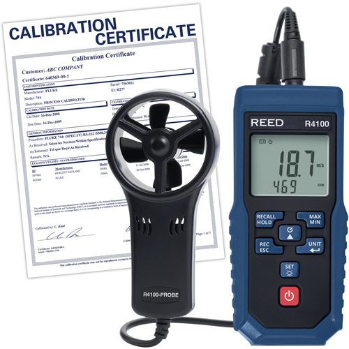 R4100 Vane Thermo-Anemometer with Air Volume with Calibration Certificate, Data Logging, 0.4 - 30 m/sec Air Velocity Range Action Paper