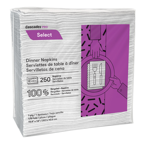 Serviettes de table &agrave; pli 1/8 Pro Select, 1 pli, 15,5" x 16" Action Paper