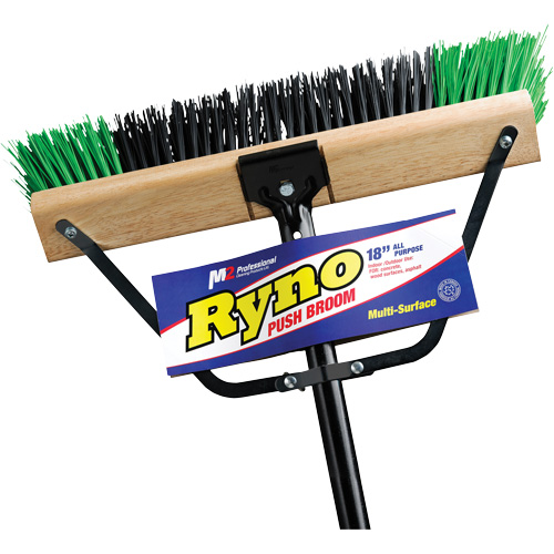 Ryno Push Broom with Braced Handle, 18", Stiff, PVC Bristles Action Paper
