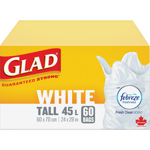 Tall 45L Febreze Garbage Bags, Regular, 24" W x 28" L, White Action Paper