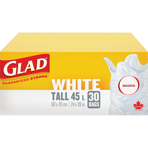 Tall 45L Unscented Garbage Bags, Regular, 24" W x 28" L, White Action Paper