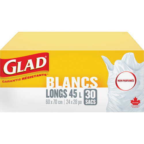Tall 45L Unscented Garbage Bags, Regular, 24" W x 28" L, White Action Paper