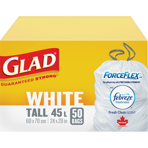 Tall 45L Febreze Garbage Bags, Regular, 24" W x 28" L, White Action Paper