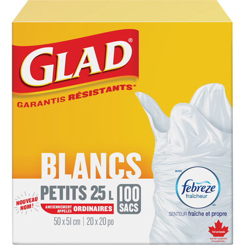Petits sacs &agrave; ordures 25 L avec Febreze, R&eacute;gulier, 20" la x 20" lo, Blanc Action Paper