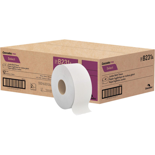 Pro Select&reg; Toilet Paper, Jumbo Roll, 2 Ply, 750' Length, White Action Paper