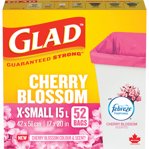 Sacs parfum&eacute;s et de couleur fleur de cerisier de Glad, Fort, 17" la x 20" lo, Rose, Capacit&eacute; 15 L (3,96 gal) Action Paper