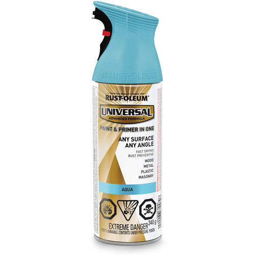 Universal&reg; Enamel Paint & Primer In One, Aqua Blue, Satin, Aerosol Can Action Paper