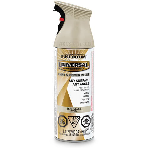 Universal&reg; Enamel Paint & Primer In One, Ivory White, Semi-Gloss, Aerosol Can Action Paper