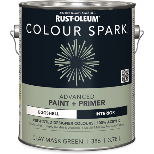 Peinture int&eacute;rieure pr&eacute;teint&eacute;e + appr&ecirc;t mural Colour Spark, Vert masque en argile, Satin&eacute;, 3,78 L, Gallon Action Paper