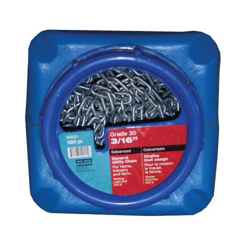 Chaînes galvanis&eacute;es par immersion &agrave; chaud, Acier au carbone, 3/16" x 150' (45,7 m) l, Calibre 30, Charge d'utilisation 630 lb (0,315 tonnes) Action Paper