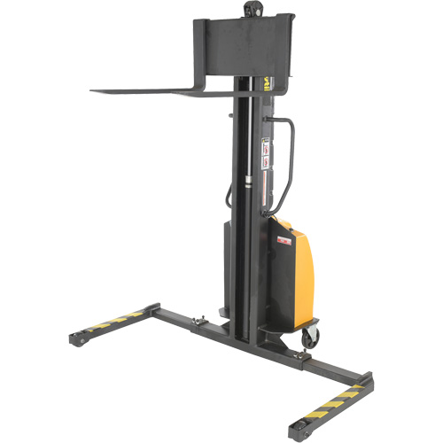 Narrow Mast Powered Lift Stacker, Electric Operated, 1000 lbs. Capacity, 63" Max Lift Action Paper