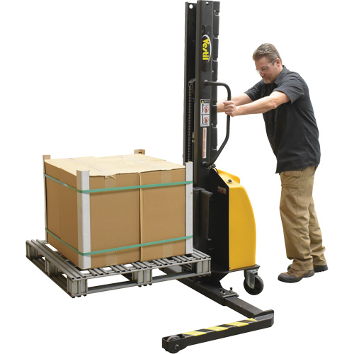 Narrow Mast Powered Lift Stacker, Electric Operated, 1000 lbs. Capacity, 63" Max Lift Action Paper
