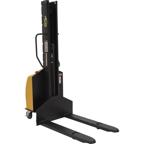 Narrow Mast Powered Lift Stacker, Electric Operated, 1000 lbs. Capacity, 63" Max Lift Action Paper