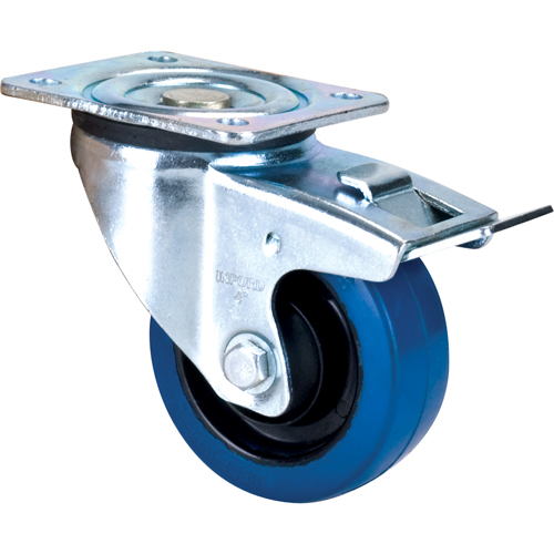 Roulette bleue, Pivotant avec frein, 4" (101,6 mm), Caoutchouc, 350 lb (158,8 kg) Action Paper
