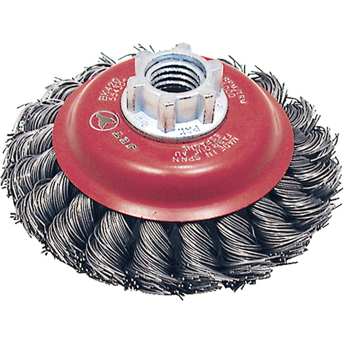 BK420T Knot Twisted Conical Brush, 4" Dia., 0.02" Fill, 5/8"-11 Arbor, Steel Action Paper