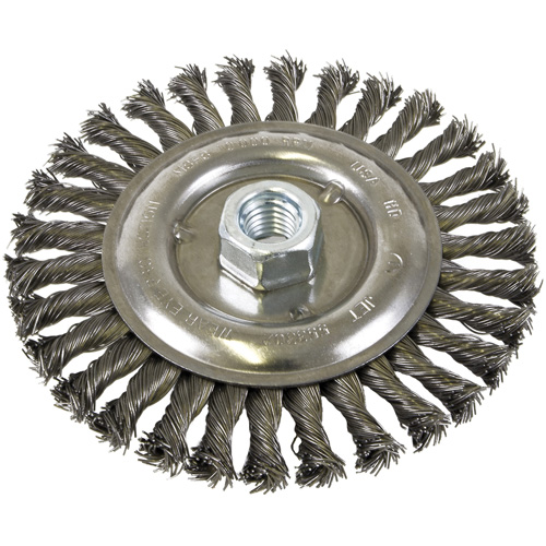 Brosse filet&eacute;e &agrave; fils nou&eacute;es et face standard, Dia. 6", Fils 0,022", Arbre 5/8"-11, Acier Action Paper