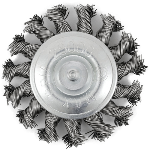 Shaft Mounted Knot Twisted Radial Brush, 3" Dia., 0.02" Fill, 1/4" Arbor, Stainless Steel Action Paper