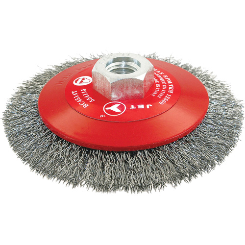 High-Performance Bevel Crimped Conical Brush, 4-1/2" Dia., 0.014" Fill, 5/8"-11 Arbor, Steel Action Paper