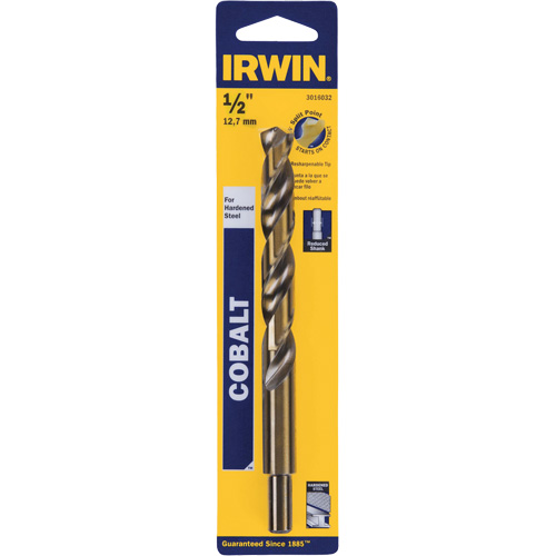 Heavy-Duty Jobber Drill Bit, High Speed Cobalt, 1/2", 6" L, 1-1/2" Flute, 135° Point Angle Action Paper