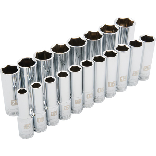 Metric Socket Set, 19 Pcs, 1/2" Drive Size, Deep Action Paper