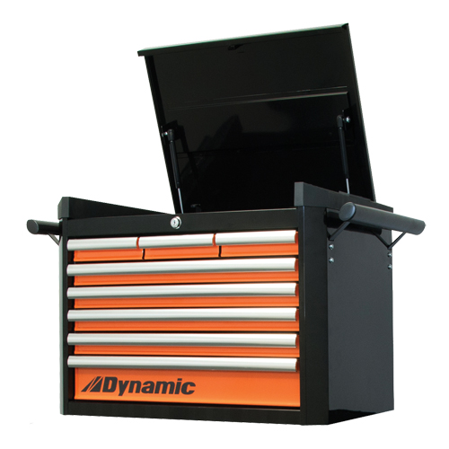 Top Tool Chest, 28" W, 8 Drawers, Black/Orange Action Paper