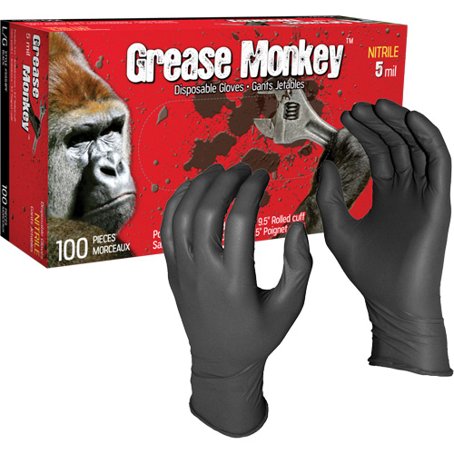 Gants jetables Grease Monkey, Grand, Nitrile, 5 mils, Sans poudre, Noir Action Paper