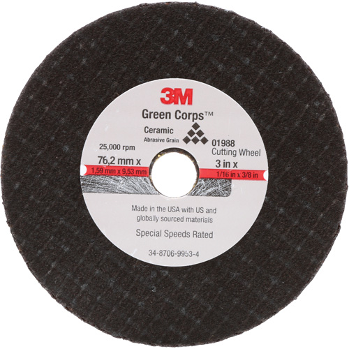 General-Purpose Cut-Off Wheel, 3" x 1/16", 3/8" Arbor, Type 27, Aluminum Oxide, 25000 RPM Action Paper