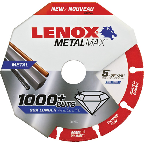 Meule de tronçonnage des m&eacute;taux MetalMax, 5" x 0,05", Arbre de 7/8", Type 1, Losange, 12 200 Tr/min Action Paper