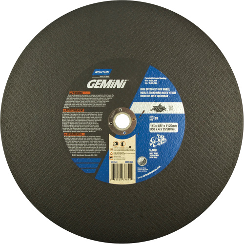 High Speed Reinforced Cut-Off Wheels, 14" x 1/8", 1" Arbor, Type 1, Aluminum Oxide, 5400 RPM Action Paper