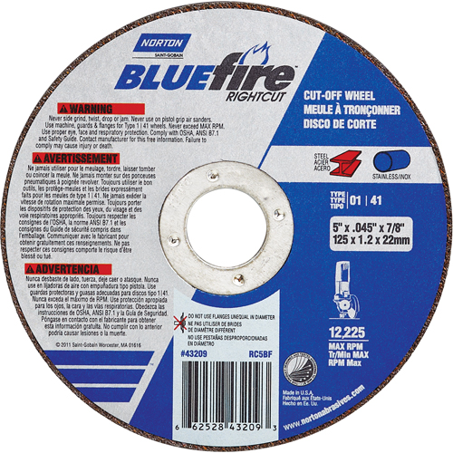 Meule a tronconner BlueFire, 4-1/2" x 0,045"/1/16", Arbre de 7/8", Type 01/41, Oxyde d'aluminium/Zirconium, 13580 Tr/min Action Paper