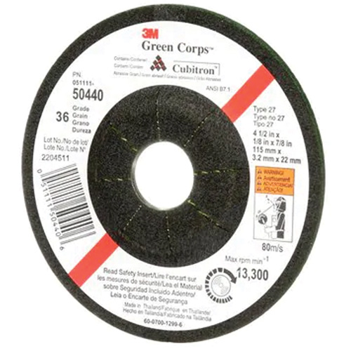 Green Corps Flexible Grinding Wheel, 4-1/2" x 1/8", 7/8" Arbor, Ceramic, Type 27 Action Paper