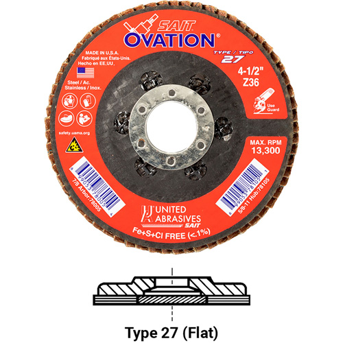 Ovation Flap Disc, 4-1/2" x 5/8"-11, Type 27, 36 Grit, Zirconium Action Paper