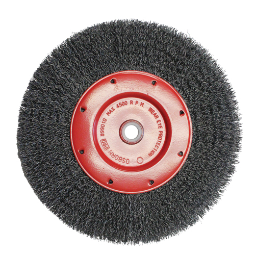 Economy Crimped Wire Wheel Brushes - Narrow Face, 6" Dia., 0.014 Fill, 2" Arbor Action Paper