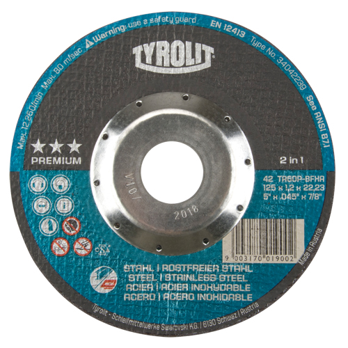 Premium 2 in 1 Thincut Cut-Off Wheel, 5" x 0.045", 7/8" Arbor, Type 27, Aluminum Oxide, 12250 RPM Action Paper