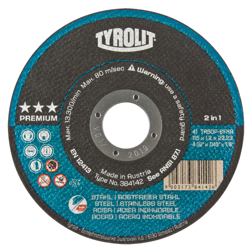 Premium 2 In 1 Thincut Cut-Off Wheel, 4-1/2" x 0.045", 7/8" Arbor, Type 1, Aluminum Oxide, 13300 RPM Action Paper