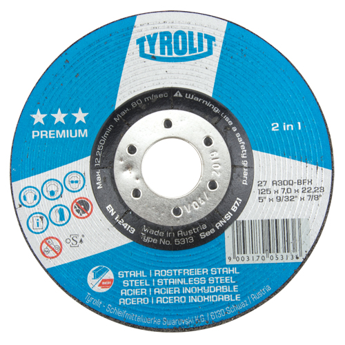 Premium 2-in-1 Grinding Wheel, 5" x 9/32", 7/8" Arbor, Type 27 Action Paper