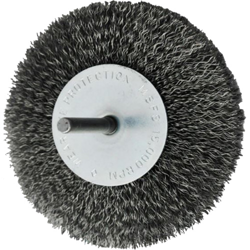 Circular Crimped Wire End Brushes, 4", 0.008" Fill, 1/4" Shank Action Paper