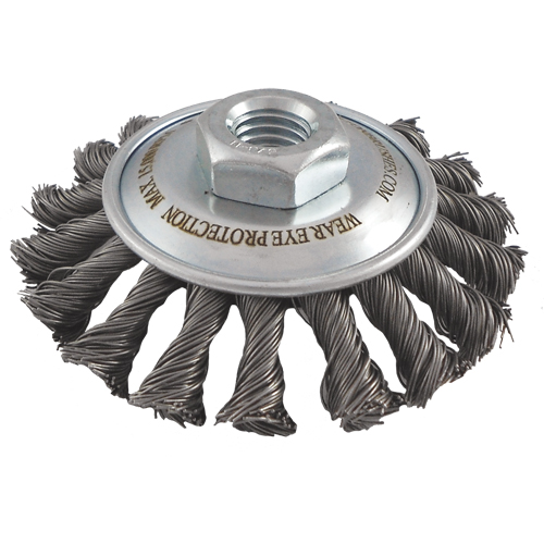 Brosses soucoupes &agrave; fils nou&eacute;s, Dia. 4", Fils 0,02", Arbre 5/8"-11, Acier Action Paper