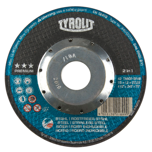 Premium 2 In 1 Thincut Cut-Off Wheel, 4-1/2" x 0.045", 7/8" Arbor, Type 27, Aluminum Oxide, 13300 RPM Action Paper