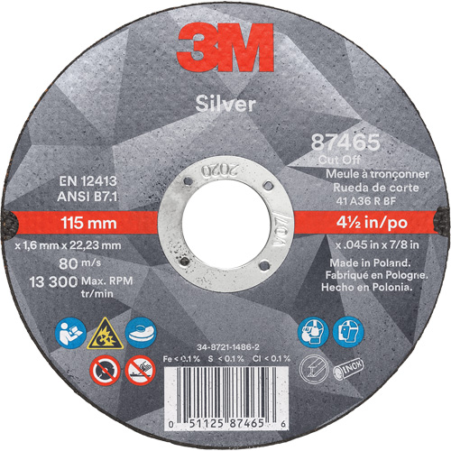 Silver Cut-Off Wheel, 4-1/2" x 0.045", 7/8" Arbor, Type 1, Ceramic, 13300 RPM Action Paper