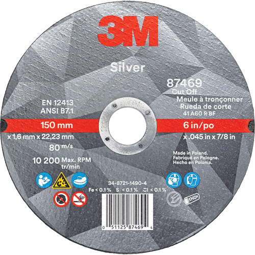 Silver Cut-Off Wheel, 6" x 0.045", 7/8" Arbor, Type 1, Ceramic, 10200 RPM Action Paper