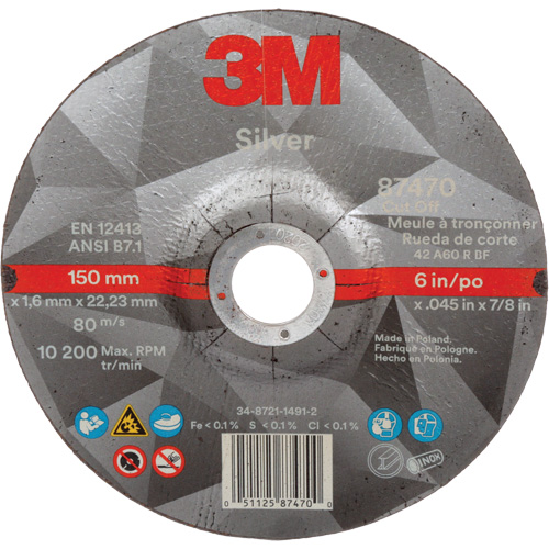 Silver Cut-Off Wheel, 6" x 0.045", 7/8" Arbor, Type 27, Ceramic, 10200 RPM Action Paper